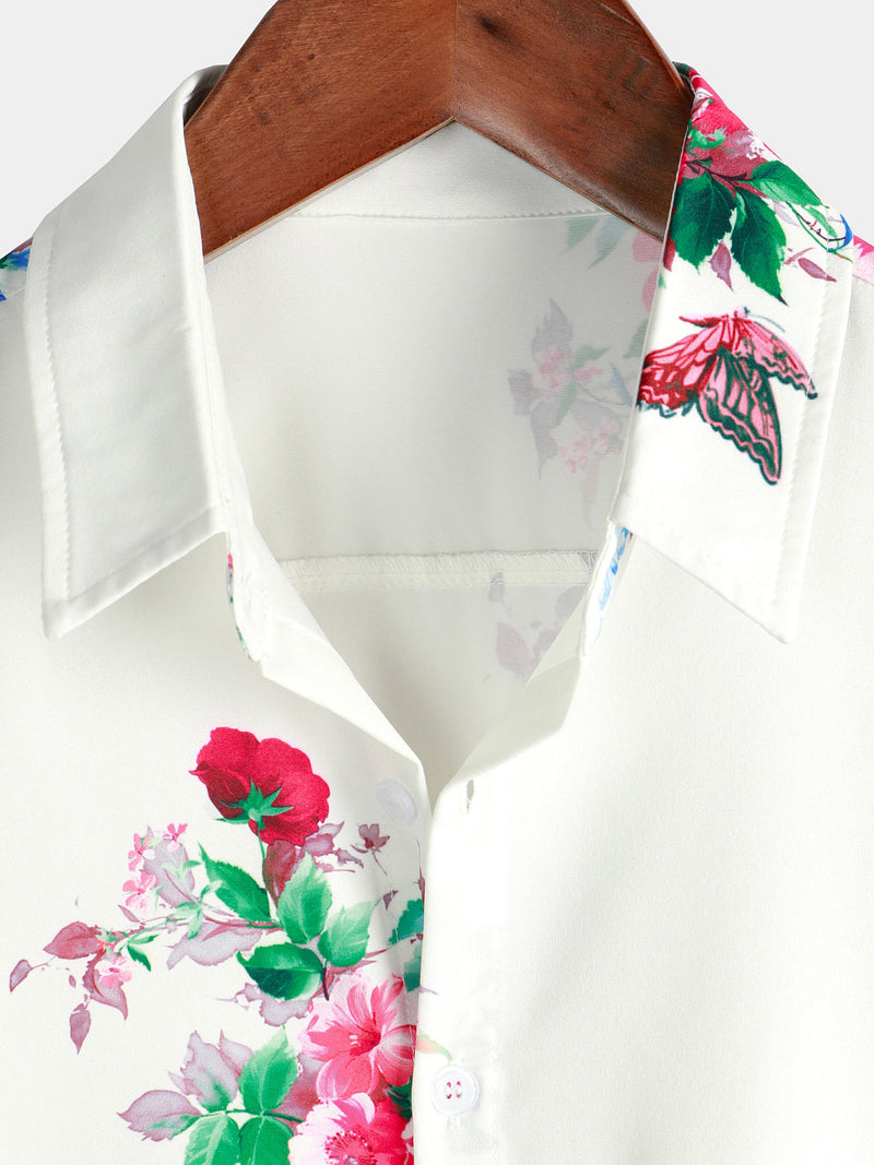 Men's Floral Butterfly Casual Vacation Button Up Holiday Short Sleeve Shirt