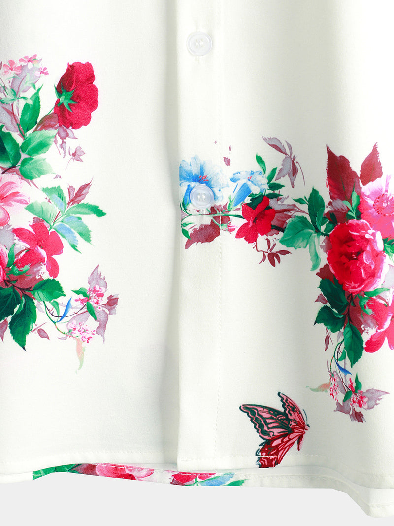 Men's Floral Butterfly Casual Vacation Button Up Holiday Short Sleeve Shirt