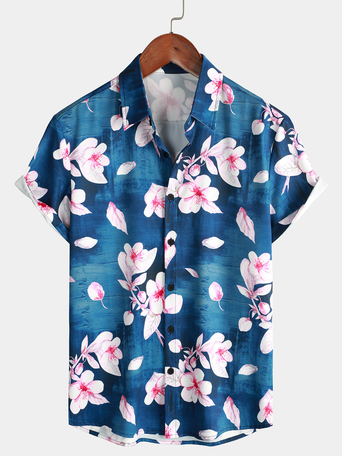 Men's Floral Print Button Up Casual Lapel Navy Blue Short Sleeve Resort Summer Shirt