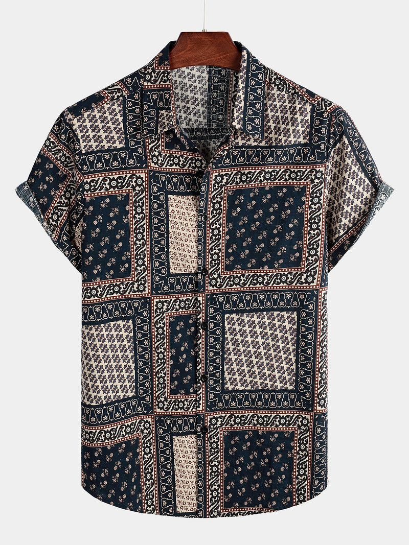 Men's Patchwork Print Short Sleeve Shirt