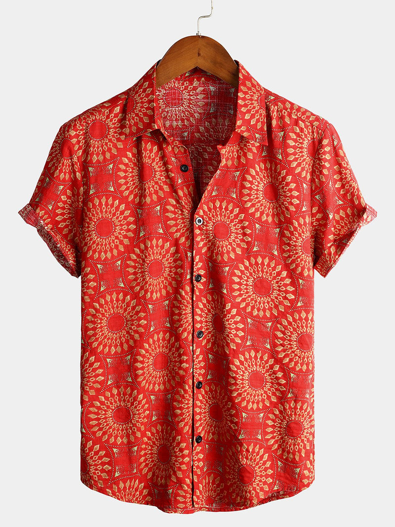 Men's Red Cotton 70s Leisure Vintage Short Sleeve Shirt