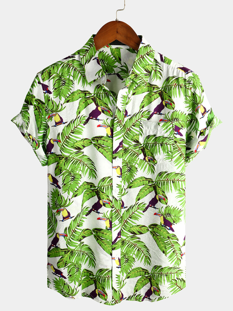 Men's Animal Holiday Tropical Pocket Short Sleeve Cotton Shirt