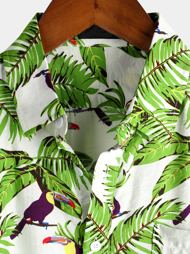 Men's Animal Holiday Tropical Pocket Short Sleeve Cotton Shirt