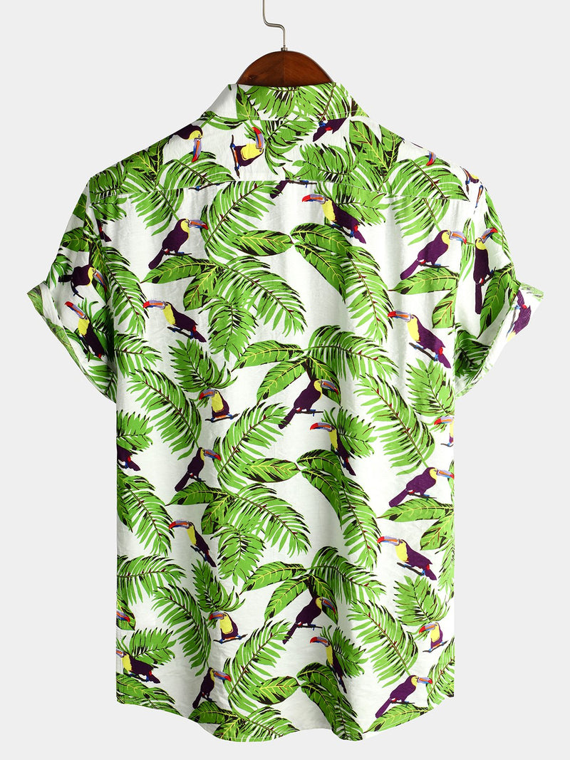 Men's Animal Holiday Tropical Pocket Short Sleeve Cotton Shirt