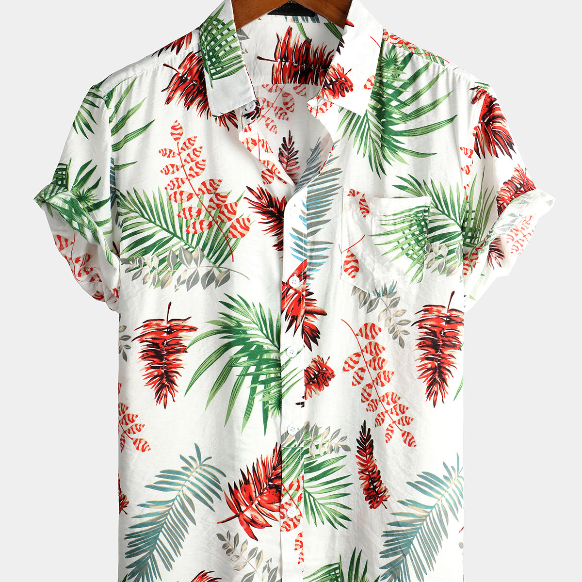 Men's Tropical Leaf Print Pocket Casual Short Sleeve Shirt