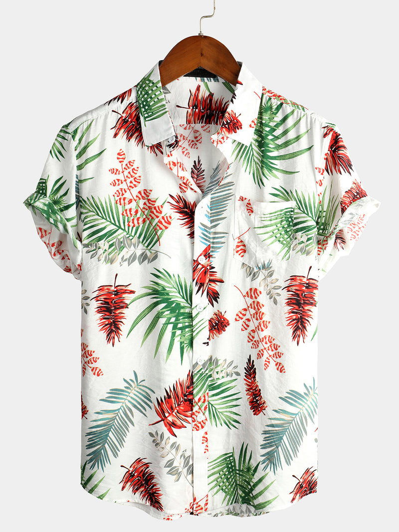 Men's Tropical Leaf Print Pocket Casual Shirt