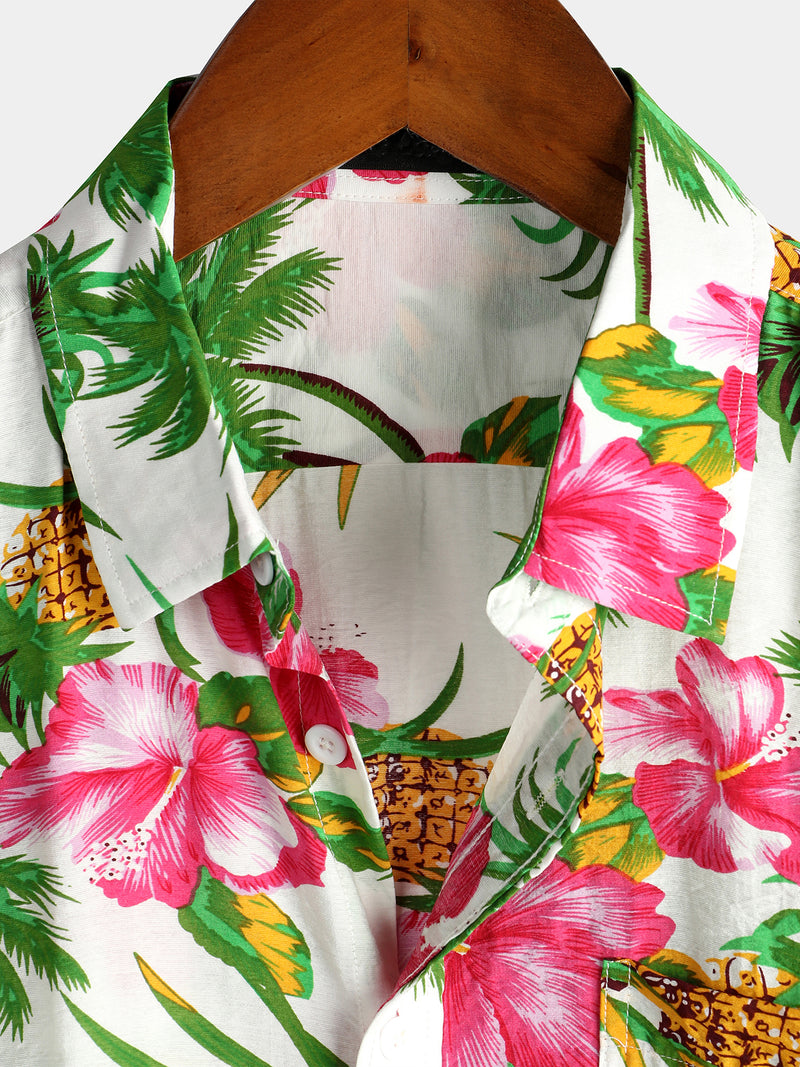 Men's Holiday Floral Print Short Sleeve Cotton Shirt