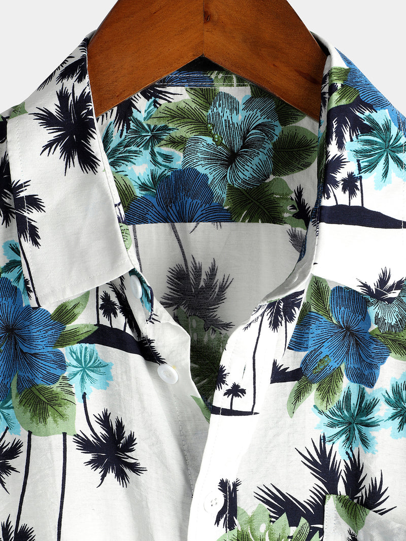 Men's White Holiday Floral Tropical Short Sleeve Cotton Shirt