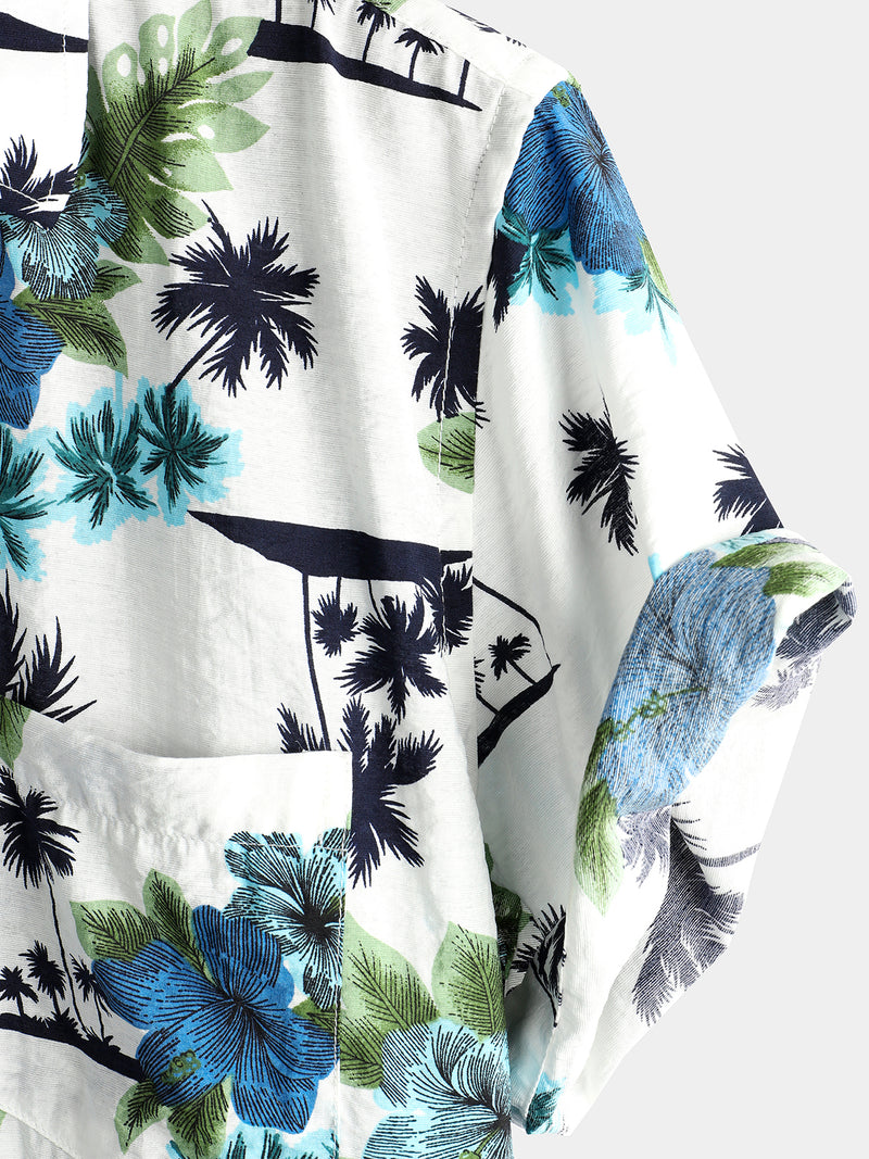 Men's White Holiday Floral Tropical Short Sleeve Cotton Shirt