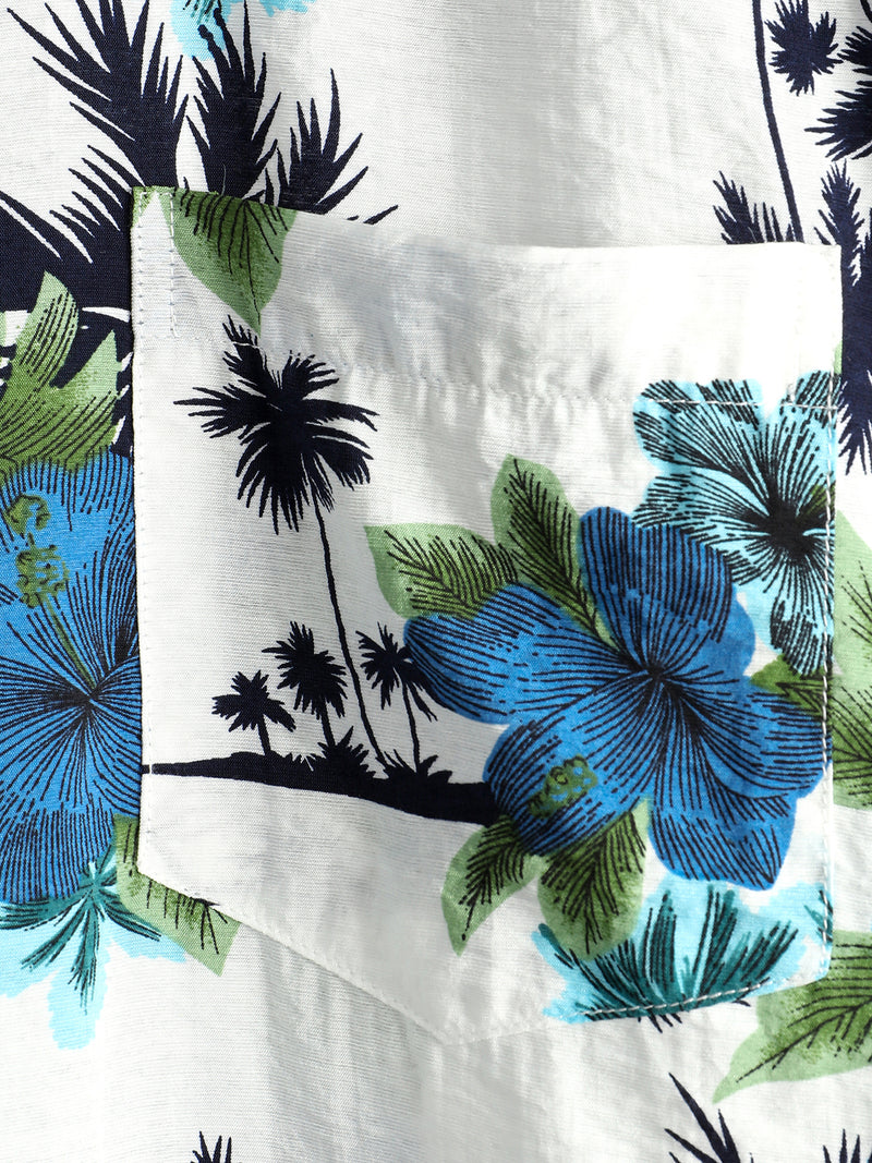 Men's White Holiday Floral Tropical Short Sleeve Cotton Shirt