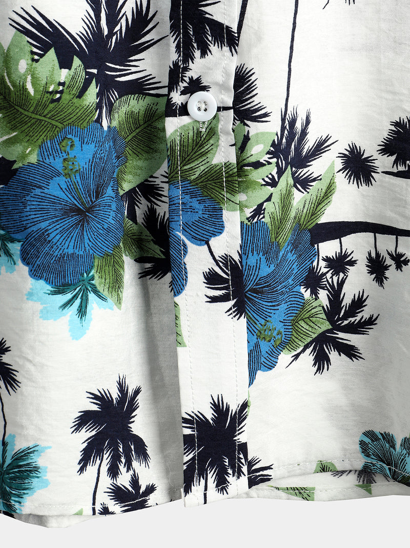 Men's White Holiday Floral Tropical Short Sleeve Cotton Shirt