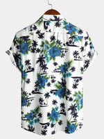 Men's White Holiday Floral Tropical Short Sleeve Cotton Shirt