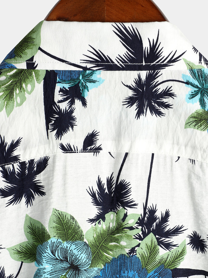 Men's White Holiday Floral Tropical Short Sleeve Cotton Shirt