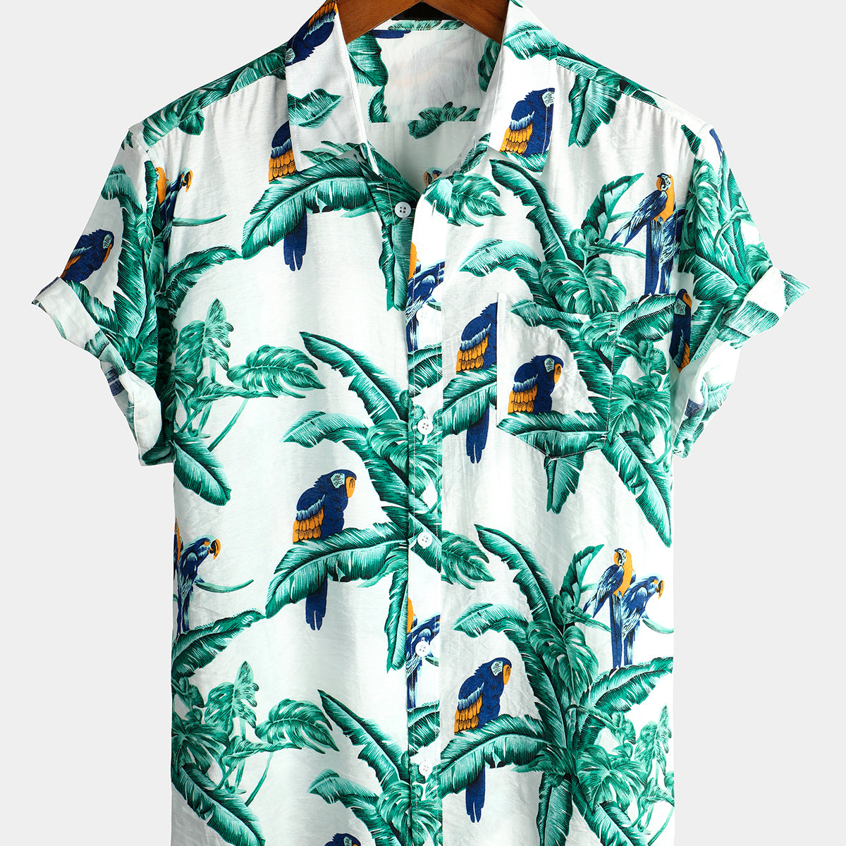 Men' Parrot Print Short Sleeve Pocket Cotton Shirt