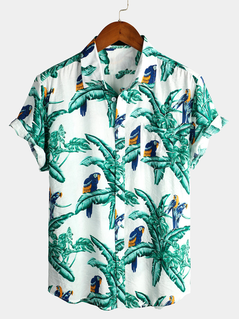 Men' Parrot Print Short Sleeve Pocket Cotton Shirt