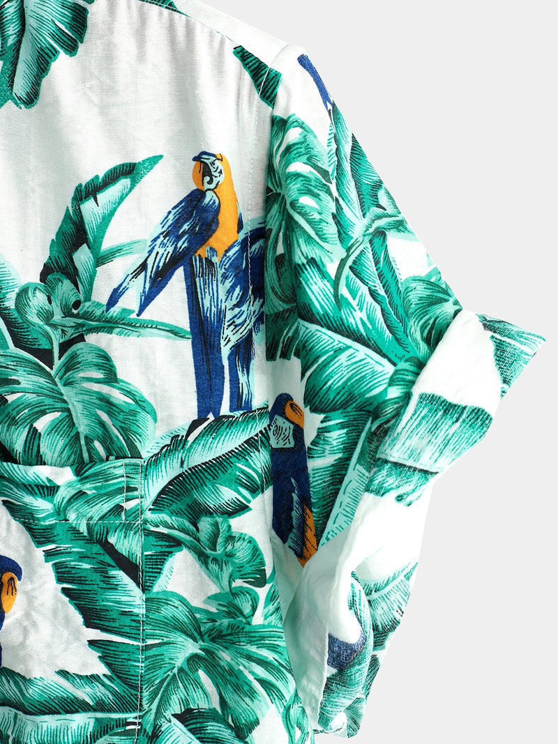Men' Parrot Print Short Sleeve Pocket Cotton Shirt