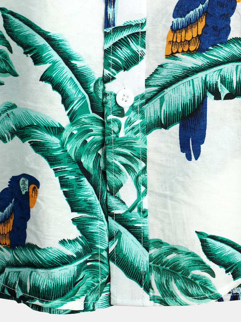 Men' Parrot Print Short Sleeve Pocket Cotton Shirt