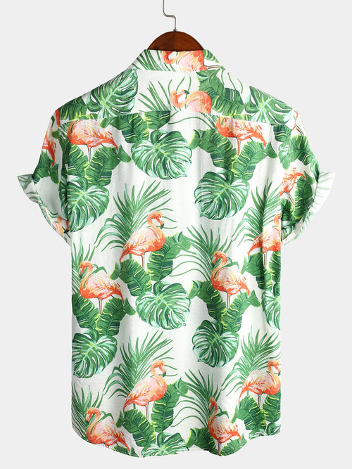 Men' Holiday Flamingo Short Sleeve Cotton Shirt