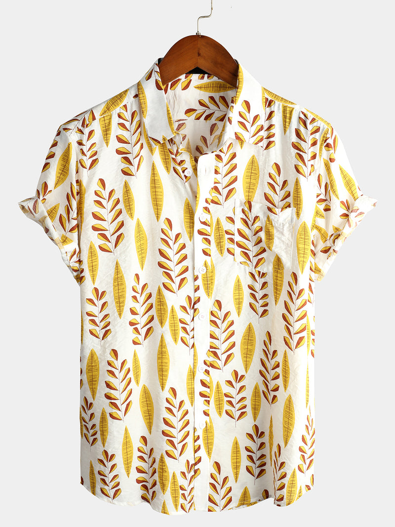 Men's Yellow Short Sleeve Holiday Cotton Shirt