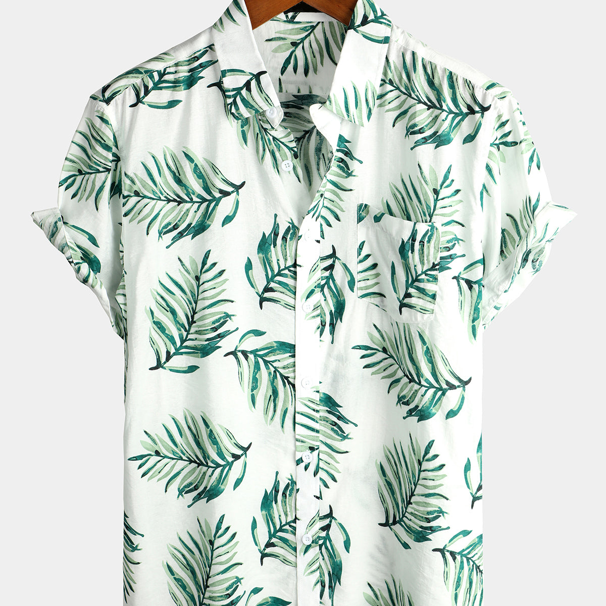 Men's Tropical Leaves Print Pocket Short Sleeve Shirt