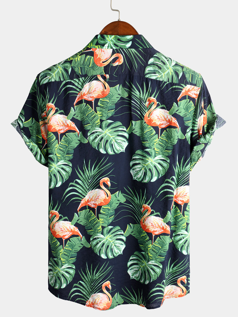 Men' Holiday Flamingo Short Sleeve Cotton Shirt