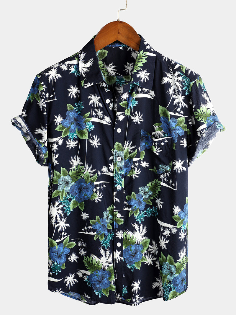 Men's White Holiday Floral Tropical Short Sleeve Cotton Shirt