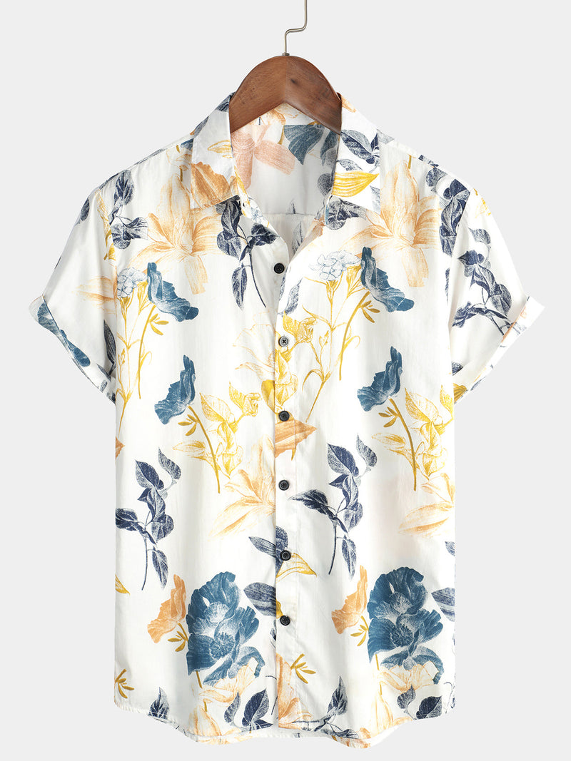 Men's Flower Print Hawaiian Casual Short Sleeve Shirt