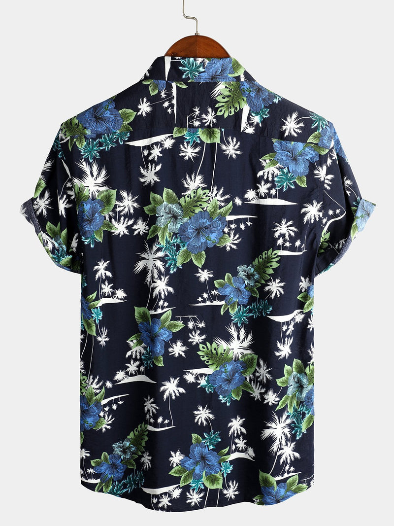 Men's White Holiday Floral Tropical Short Sleeve Cotton Shirt
