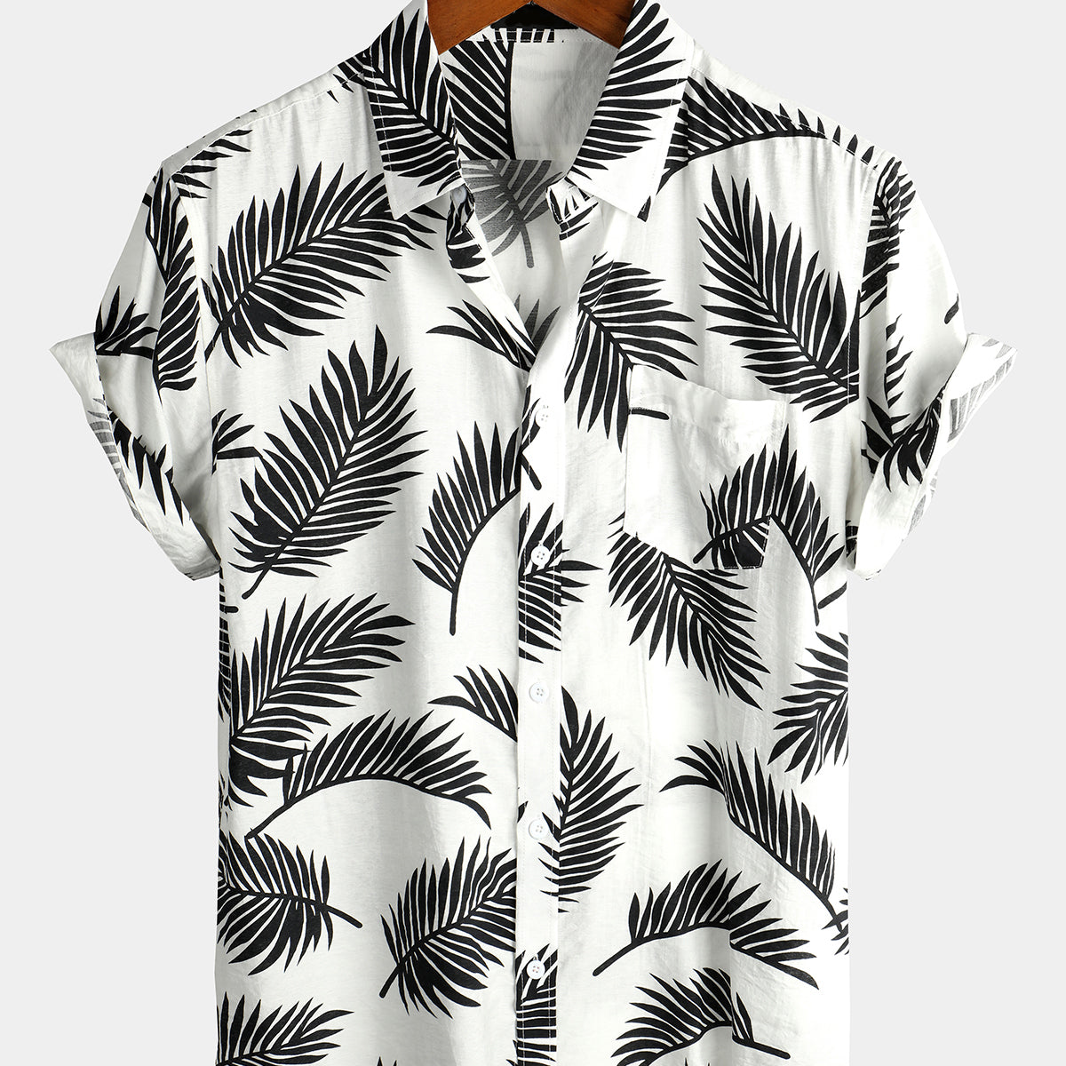 Men's Blue Tropical Leaf Print Pocket Short Sleeve Shirt