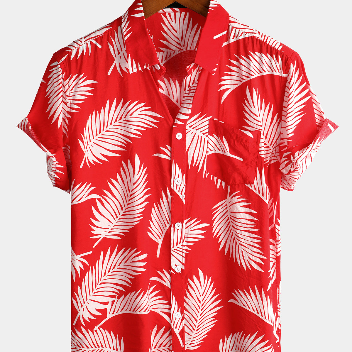 Men's Blue Tropical Leaf Print Pocket Short Sleeve Shirt