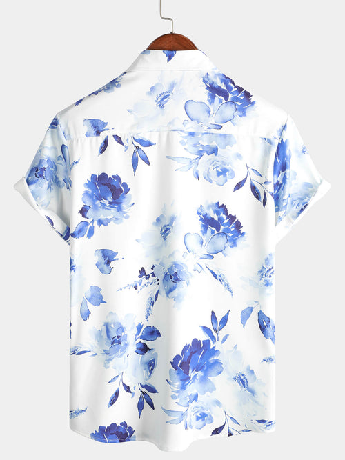 Men's Blue Floral Rose Flower Print Button Up Hawaiian Summer Short Sleeve Shirt