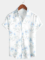 Men's Casual Blue Floral Print Button Summer Hawaiian Flower Cruise Short Sleeve Beach Shirt