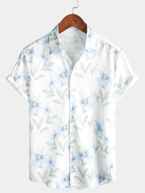 Men's Casual Blue Floral Print Button Summer Hawaiian Flower Cruise Short Sleeve Beach Shirt