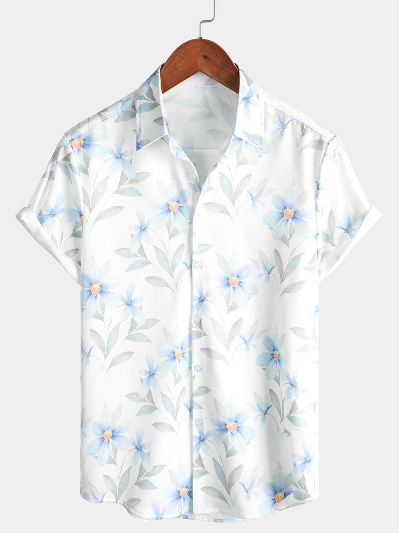 Men's Casual Blue Floral Print Button Summer Hawaiian Flower Cruise Short Sleeve Beach Shirt