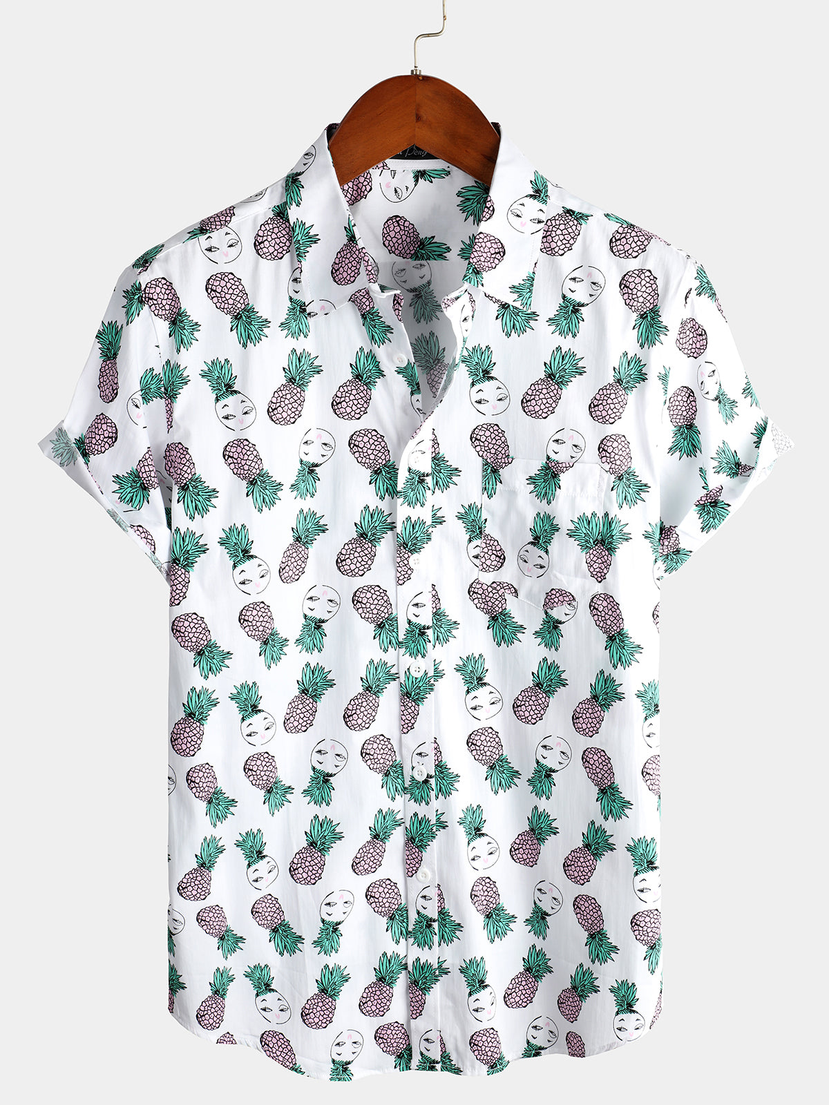 Men's Holiday Tropical Pineapple Pocket Cotton Short Sleeve Shirt
