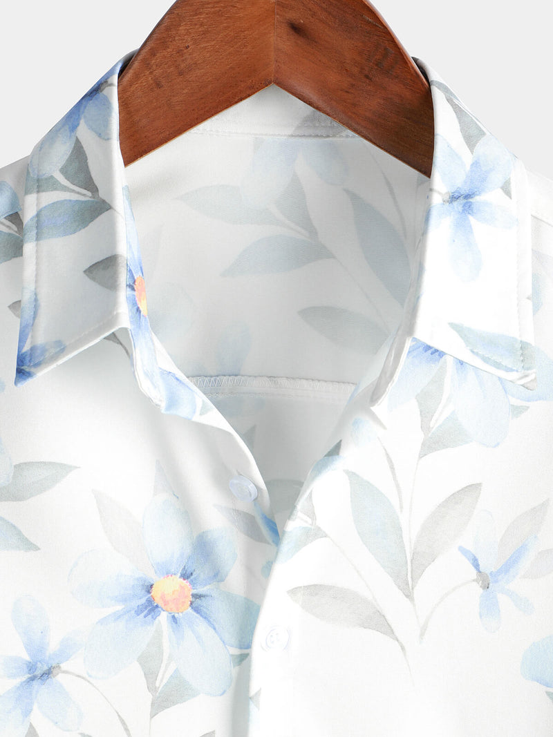 Men's Casual Blue Floral Print Button Summer Hawaiian Flower Cruise Short Sleeve Beach Shirt