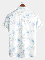 Men's Casual Blue Floral Print Button Summer Hawaiian Flower Cruise Short Sleeve Beach Shirt