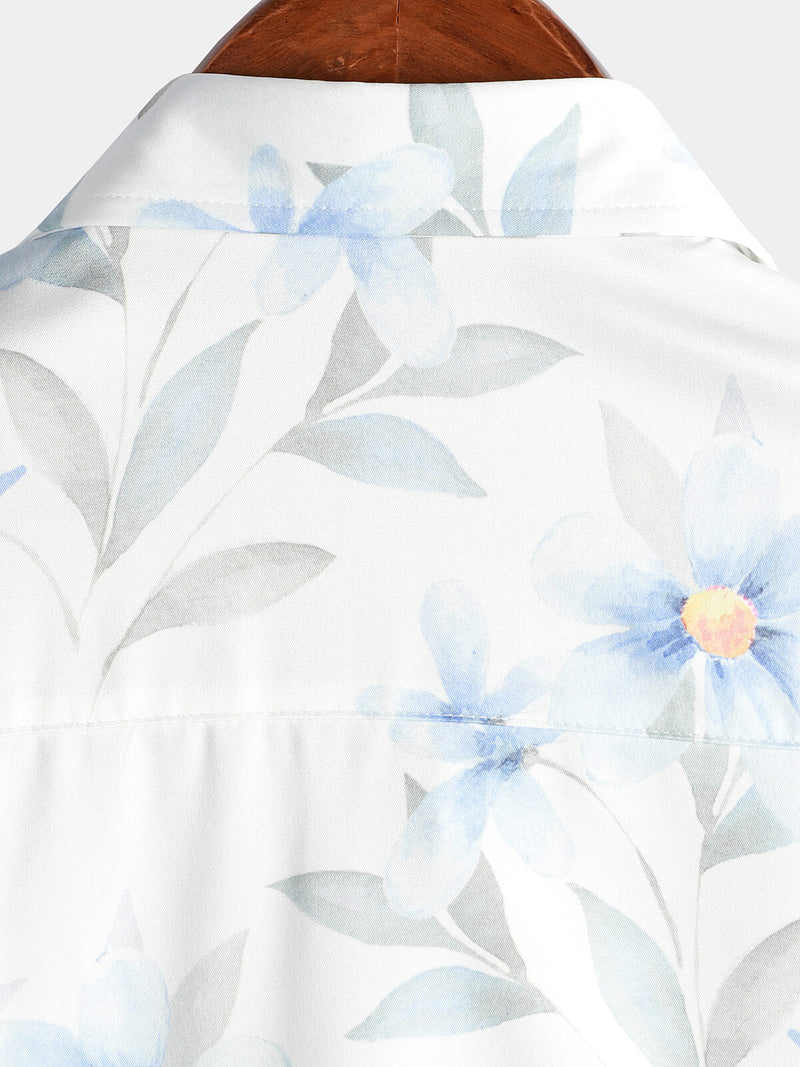 Men's Casual Blue Floral Print Button Summer Hawaiian Flower Cruise Short Sleeve Beach Shirt