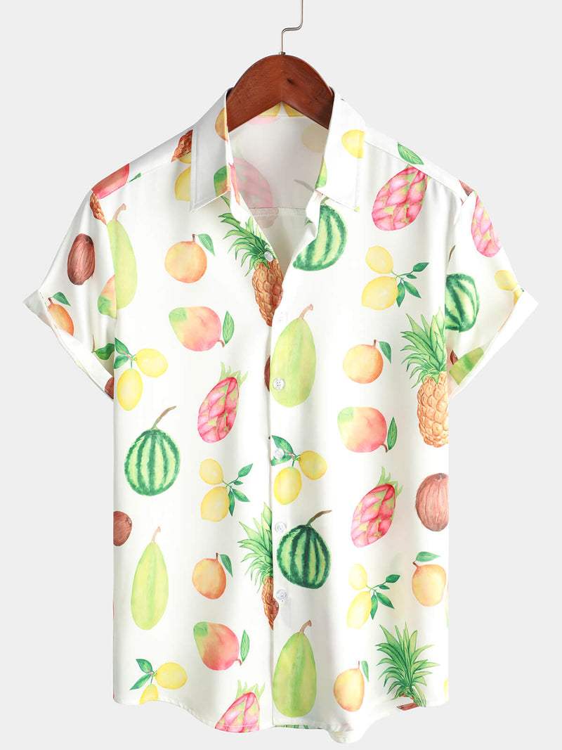 Men's Fruit Watermelon Lemon Pineapple Print Button Up Hawaiian Short Sleeve Shirt