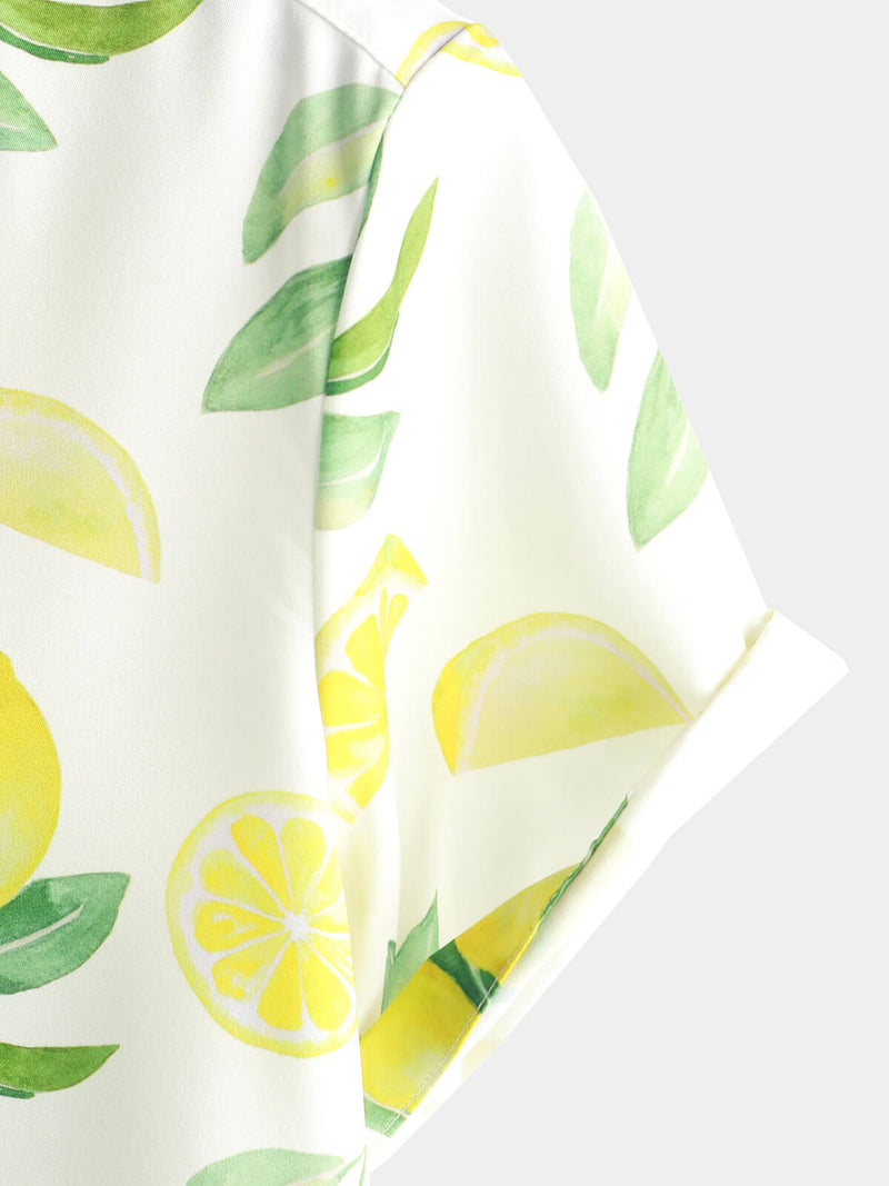 Men's Lemon Fruit Tropical Print Button Up Hawaiian Short Sleeve Shirt