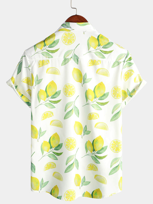 Men's Lemon Fruit Tropical Print Button Up Hawaiian Short Sleeve Shirt