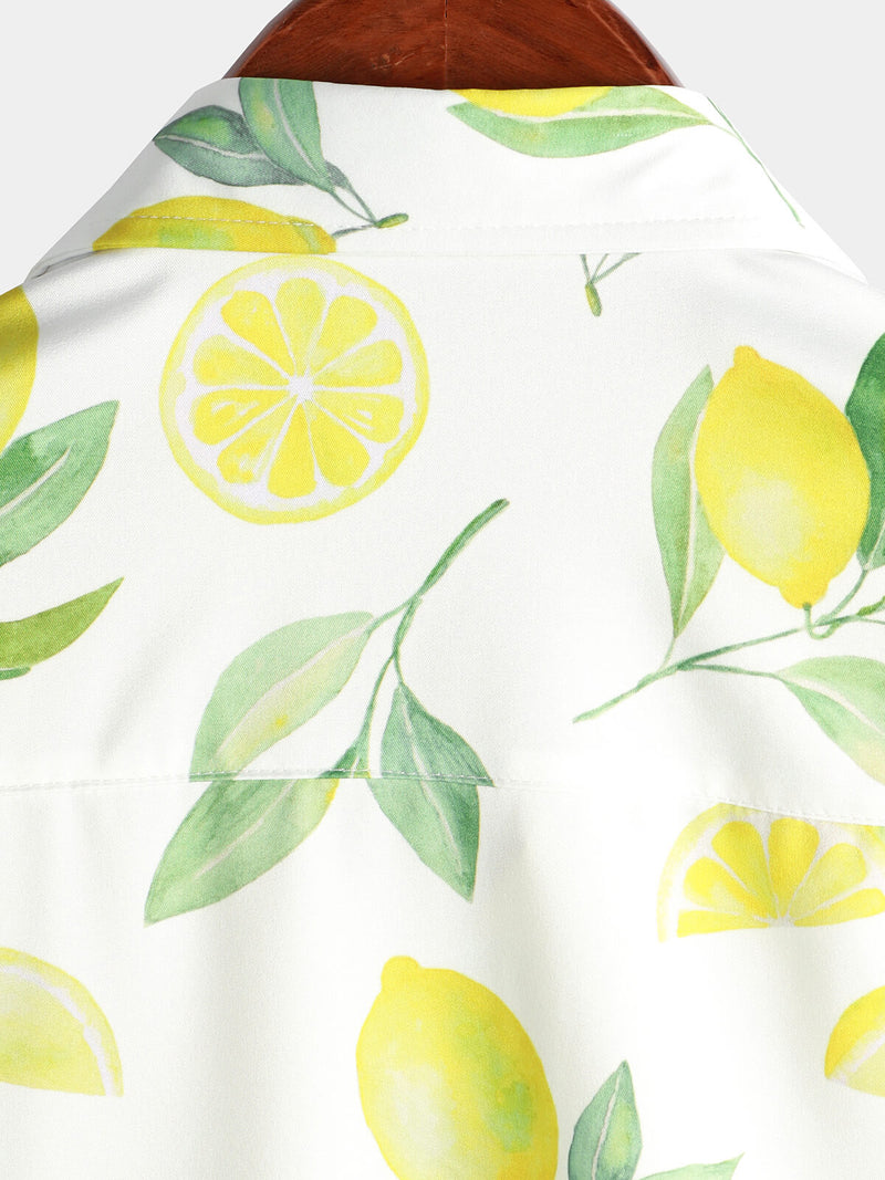 Men's Lemon Fruit Tropical Print Button Up Hawaiian Short Sleeve Shirt