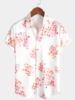 Men's Floral Print Short Sleeve Pink Cherry Blossoms Flower Button Up Hawaiian Shirt
