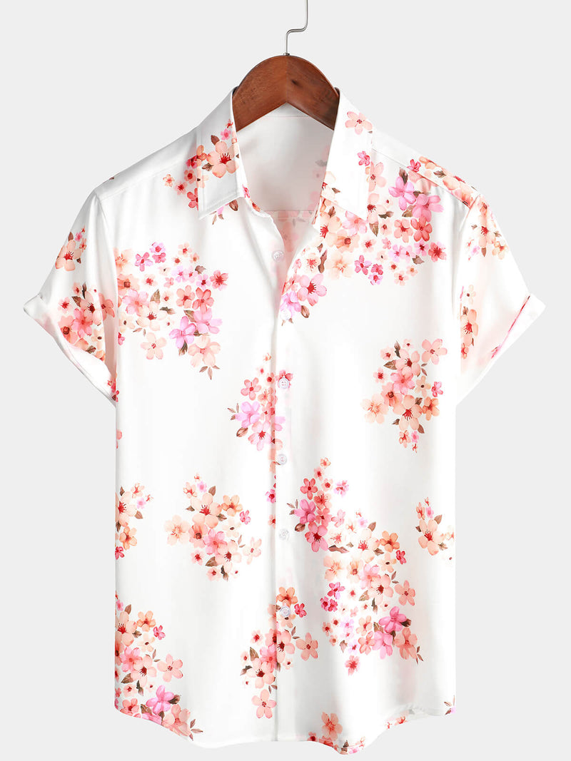 Men's Floral Print Short Sleeve Pink Cherry Blossoms Flower Button Up Hawaiian Shirt