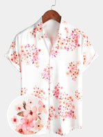 Men's Floral Print Short Sleeve Pink Cherry Blossoms Flower Button Up Hawaiian Shirt