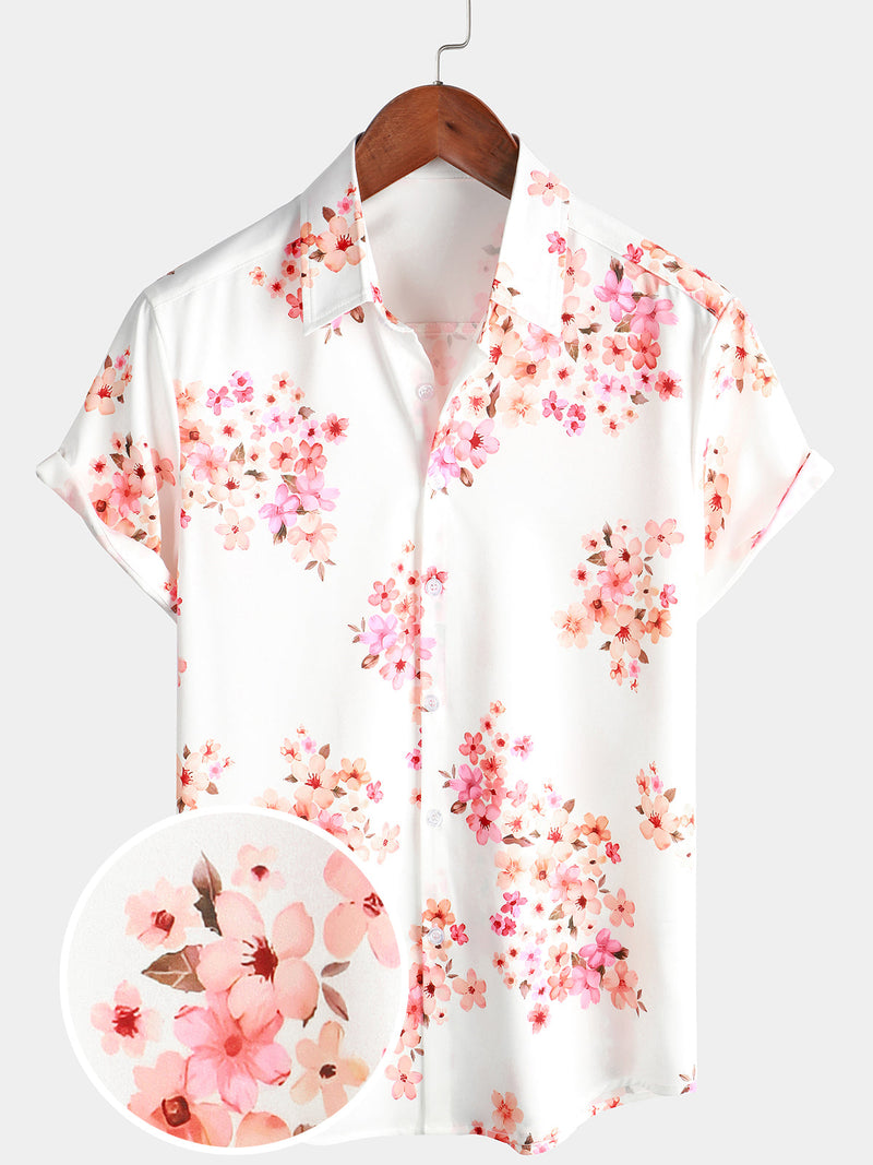 Men's Floral Print Short Sleeve Pink Cherry Blossoms Flower Button Up Hawaiian Shirt