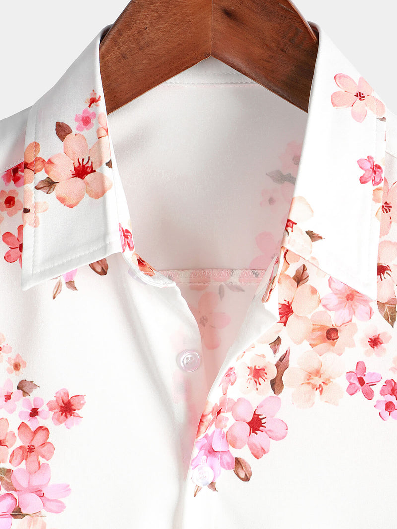 Men's Floral Print Short Sleeve Pink Cherry Blossoms Flower Button Up Hawaiian Shirt