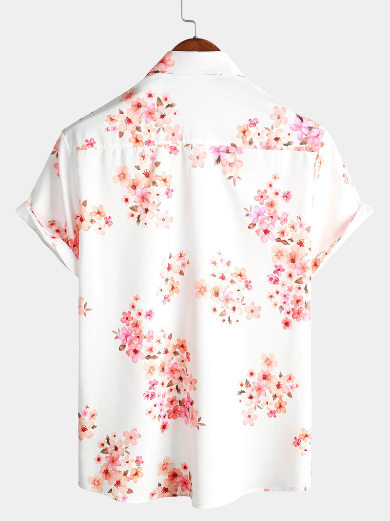 Men's Floral Print Short Sleeve Pink Cherry Blossoms Flower Button Up Hawaiian Shirt