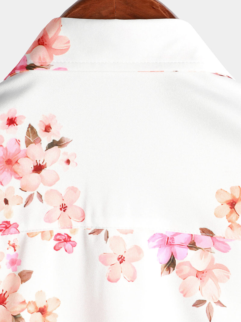 Men's Floral Print Short Sleeve Pink Cherry Blossoms Flower Button Up Hawaiian Shirt