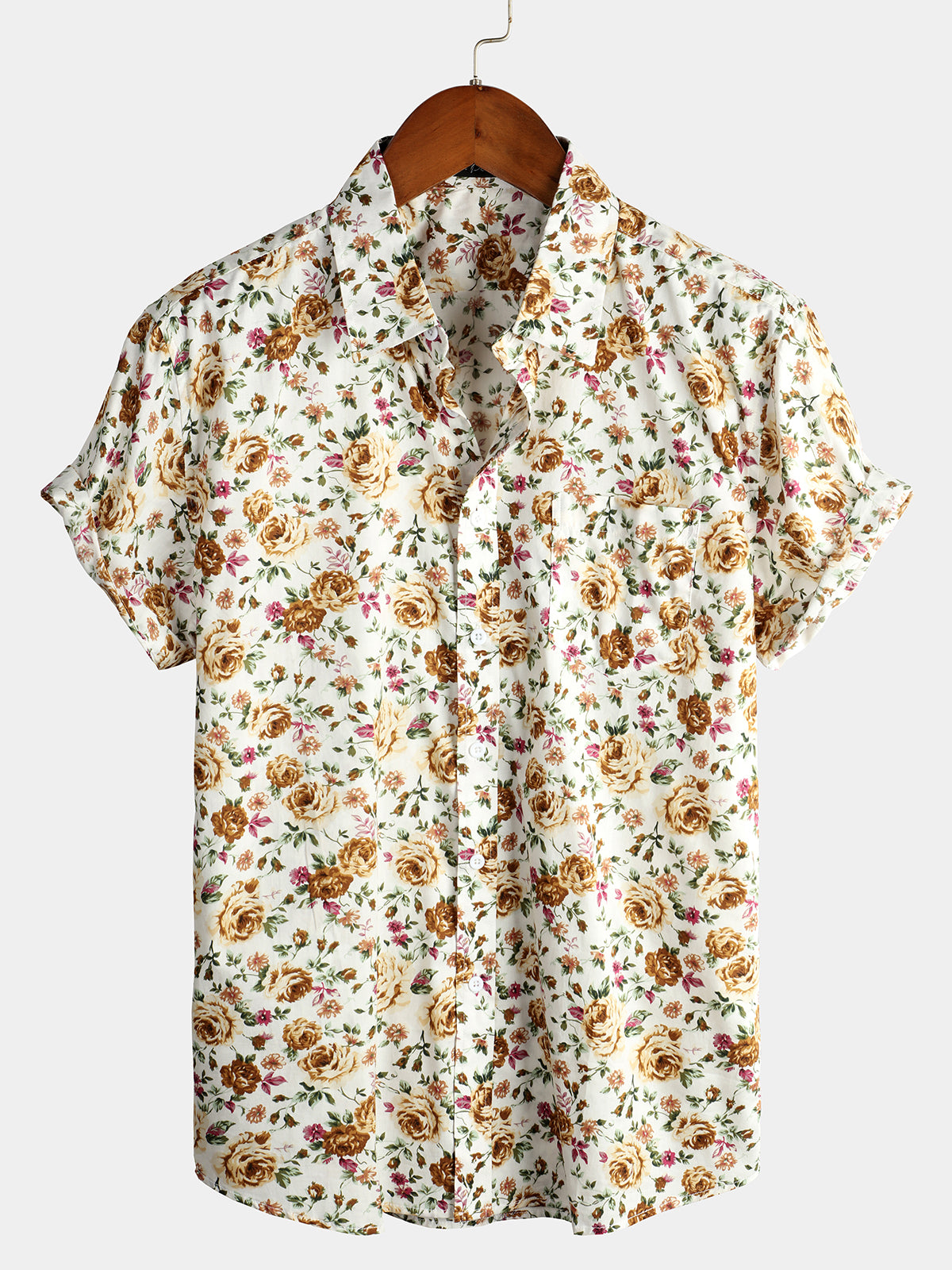 Men's Short Sleeve Rose Print Cotton Shirt